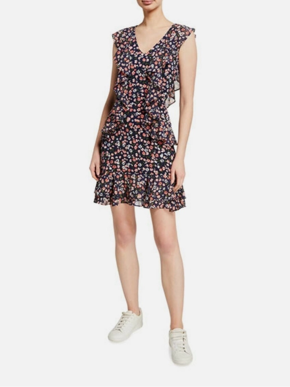 Michael Kors Floral Ruffle Sleeveless V-Neck Dress - Navy with Pink Floral